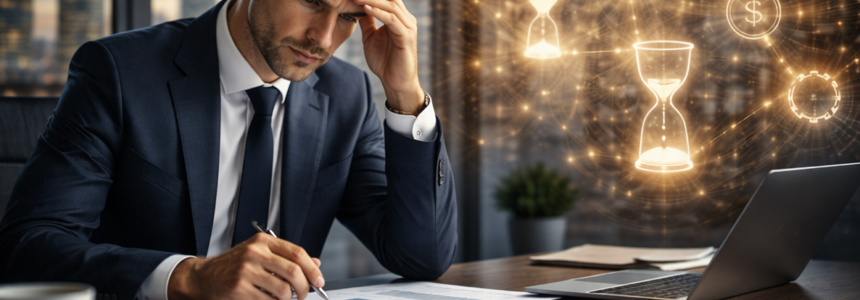 Unternehmer im Mittelstand trifft eine geschäftliche Entscheidung am Schreibtisch, während unsichtbare Engpässe symbolisch im Hintergrund wirken.