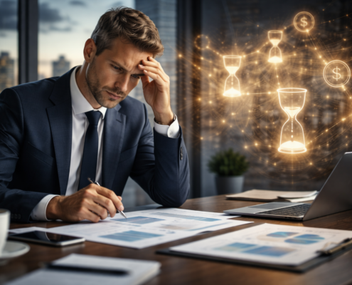 Unternehmer im Mittelstand trifft eine geschäftliche Entscheidung am Schreibtisch, während unsichtbare Engpässe symbolisch im Hintergrund wirken.