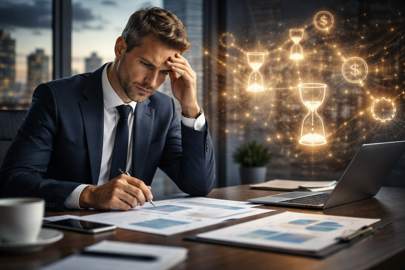 Unternehmer im Mittelstand trifft eine geschäftliche Entscheidung am Schreibtisch, während unsichtbare Engpässe symbolisch im Hintergrund wirken.